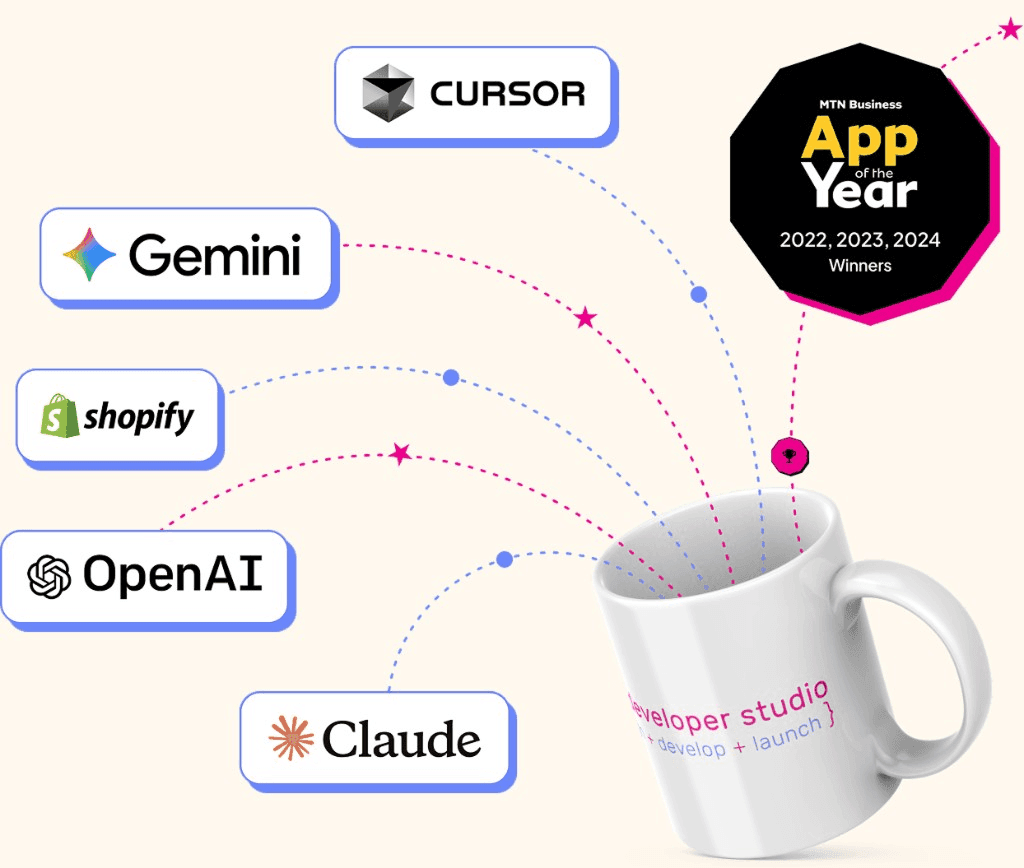 App Developer Studio hero graphic with AI and development tools including Cursor, Gemini, Shopify, OpenAI, and Claude, plus MTN Business App of the Year award