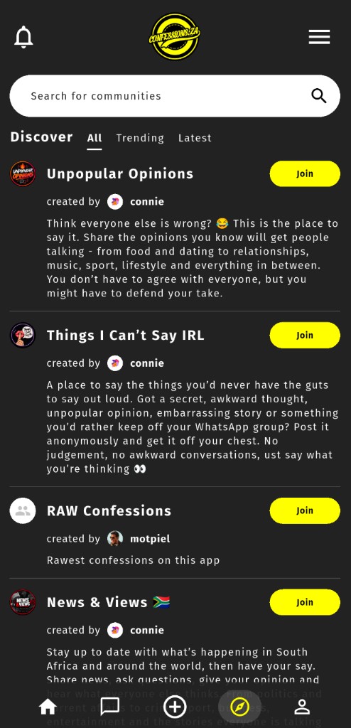 ConfessionsZA Discover communities screen