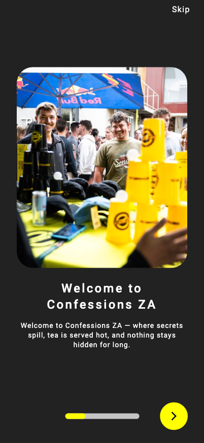 ConfessionsZA onboarding screen introducing the app