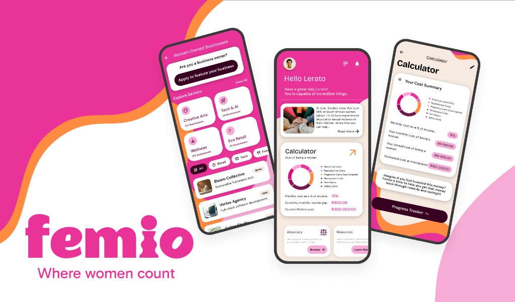Femio app screens showing the women-owned business directory, personalised home dashboard, and FemTracker cost calculator