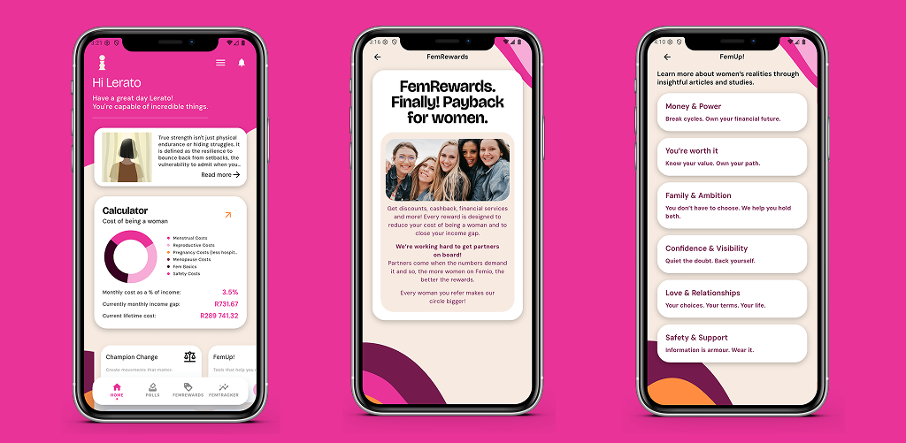 Femio home dashboard with FemTracker calculator summary, FemRewards payback preview, and FemUp! learning categories