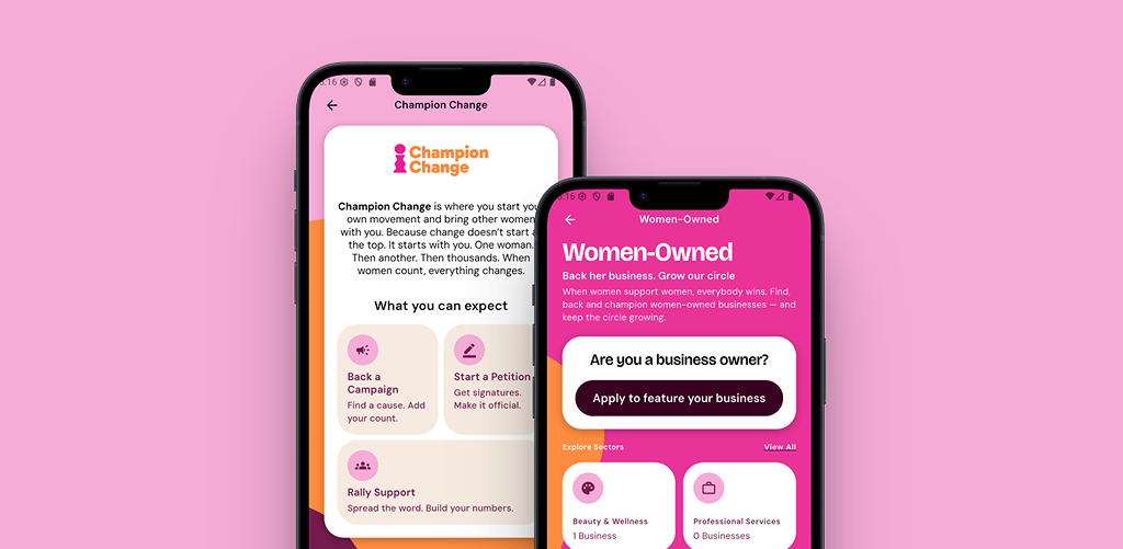 Femio Women-Owned business directory and Champion Change advocacy screens
