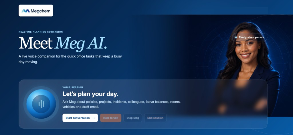 Meg AI voice session interface for MegChem, showing a live voice companion for workplace tasks
