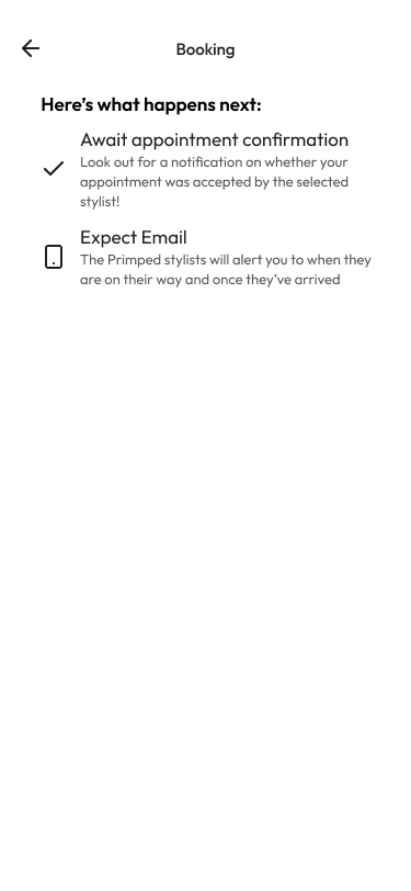 Primped booking complete confirmation screen