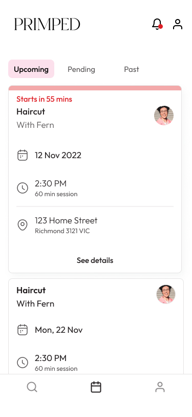 Primped customer bookings hub with Upcoming, Pending, and Past tabs
