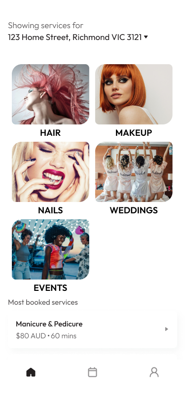 Primped customer home showing hair, makeup, nails, weddings, and events categories for a saved address