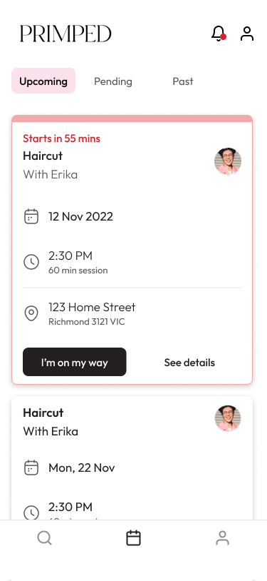 Primped stylist dashboard showing upcoming bookings with countdown and details