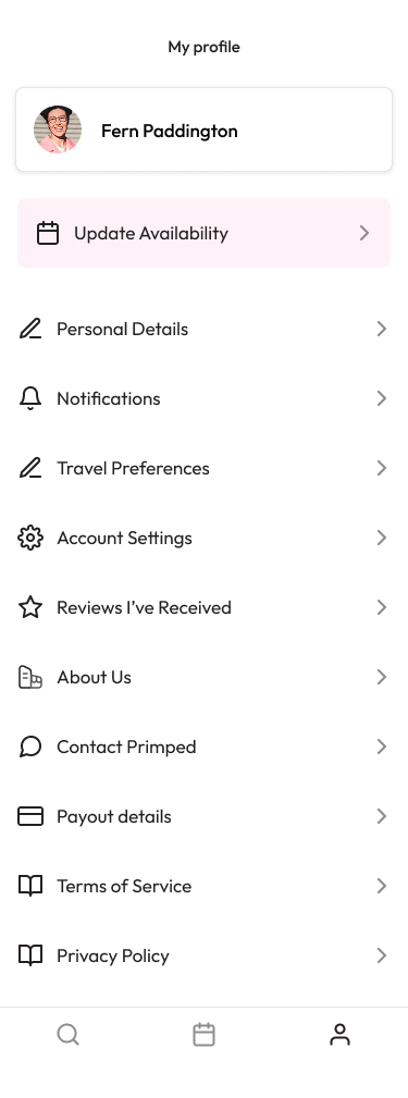 Primped stylist profile menu with availability, payout, and service settings
