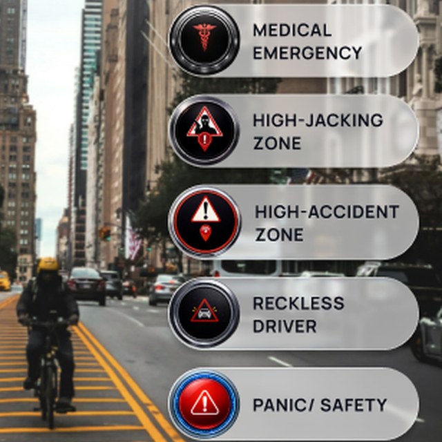 Vindmy alert rail with medical emergency, high-jacking zone, high-accident zone, reckless driver, and panic buttons