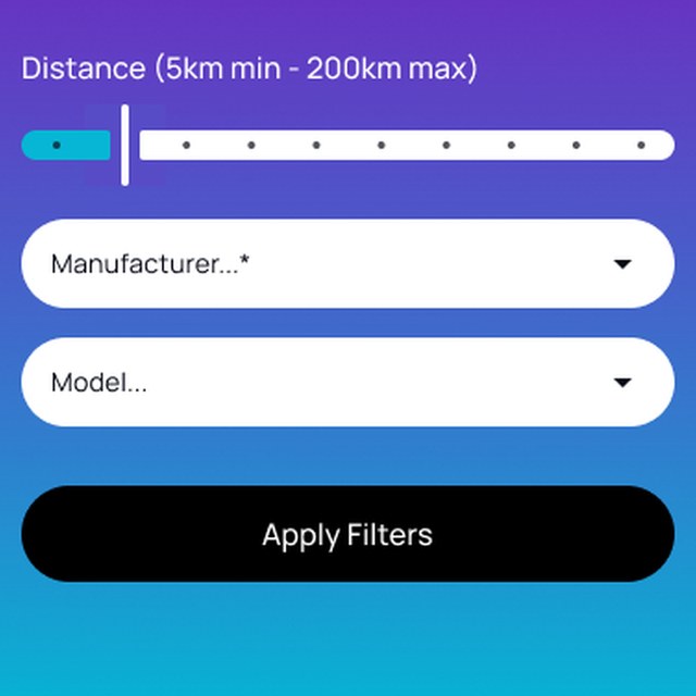 Vindmy search filters showing a 5 km to 200 km distance slider with manufacturer and model dropdowns