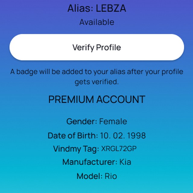 Vindmy profile details listing alias, verification action, Vindmy tag, vehicle manufacturer, and model