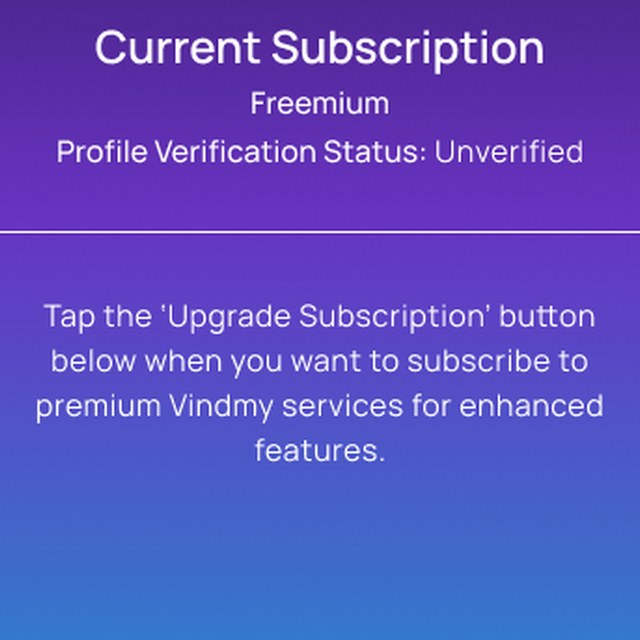 Vindmy subscription panel showing the freemium tier and unverified profile verification status
