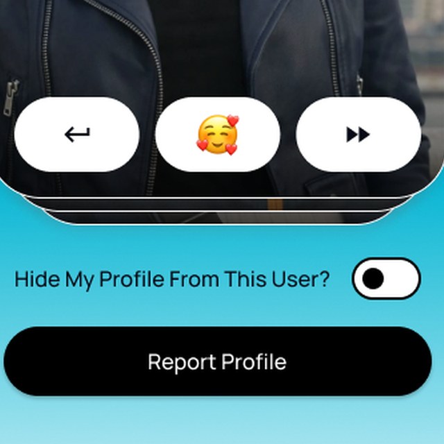 Vindmy privacy controls with a toggle to hide a profile from a specific user and a report profile action