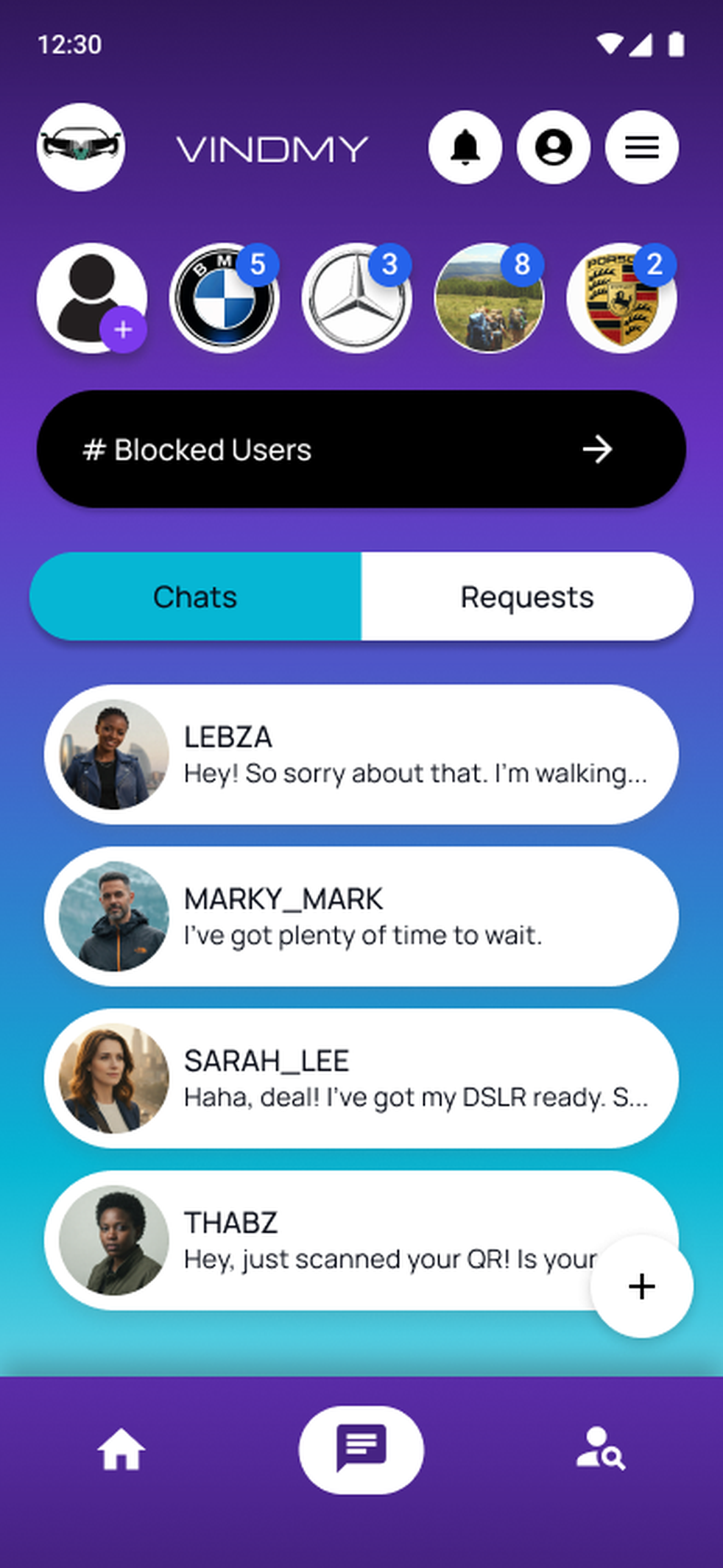 Vindmy chats hub listing direct threads and group memberships