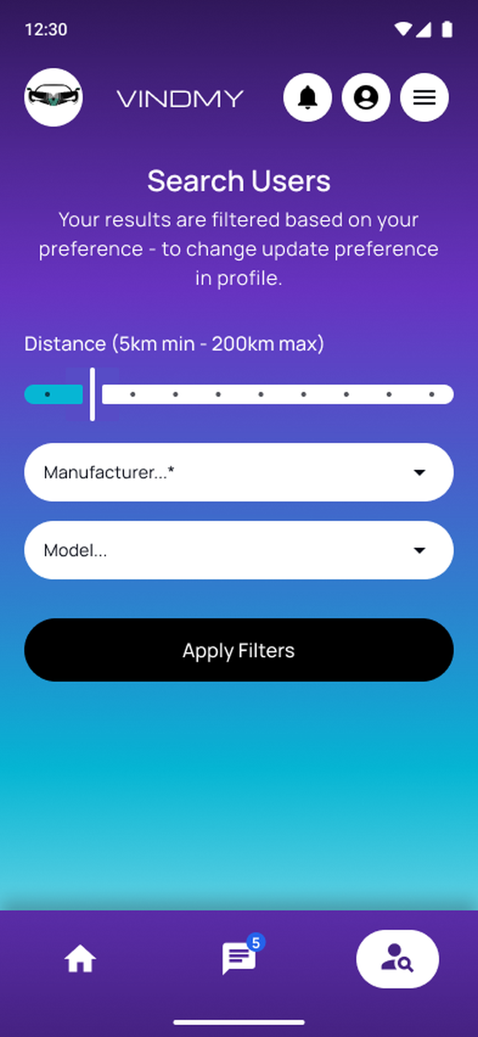 Vindmy search filters for distance from 5 km to 200 km, vehicle manufacturer, and model, applied against saved profile preferences