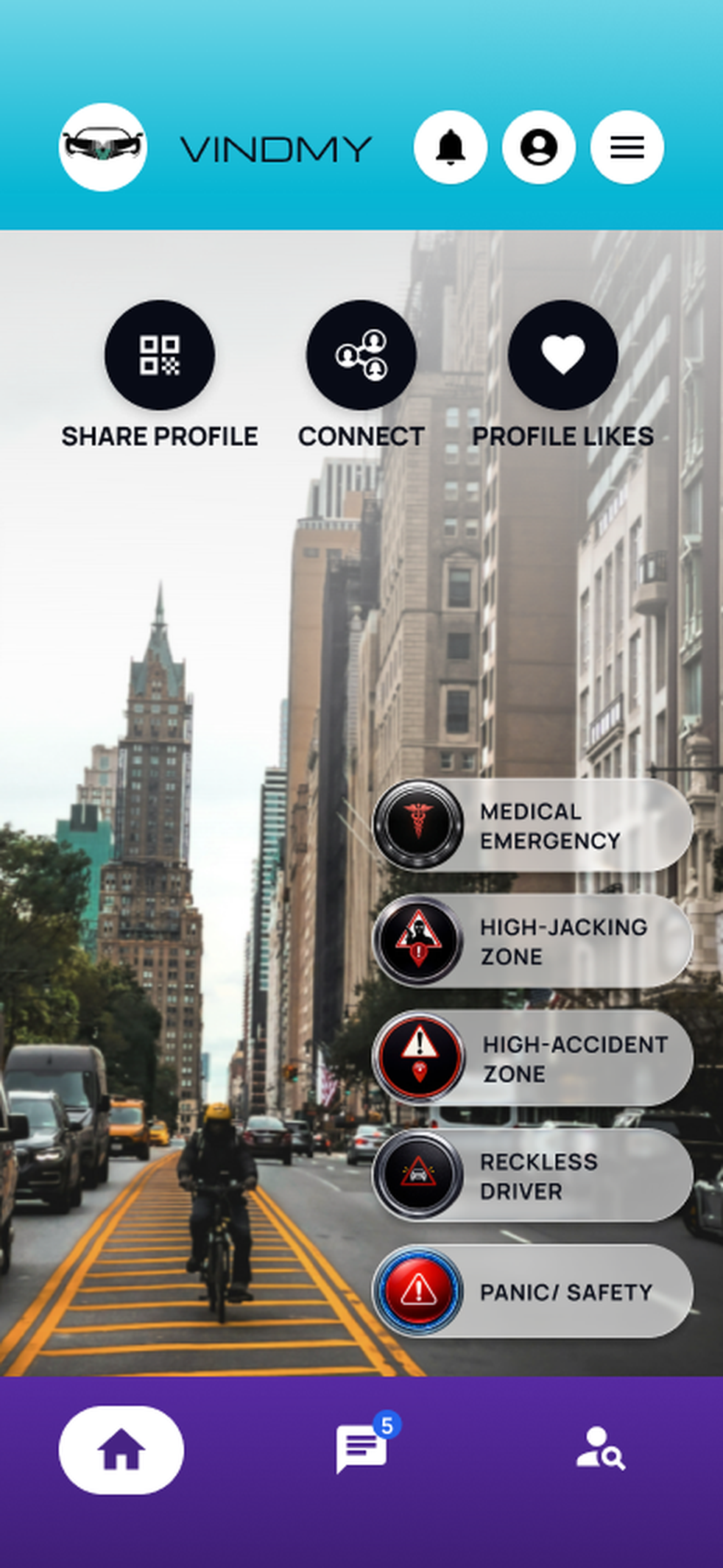 Vindmy Home screen alert rail listing medical emergency, high-jacking zone, high-accident zone, reckless driver, and panic alerts