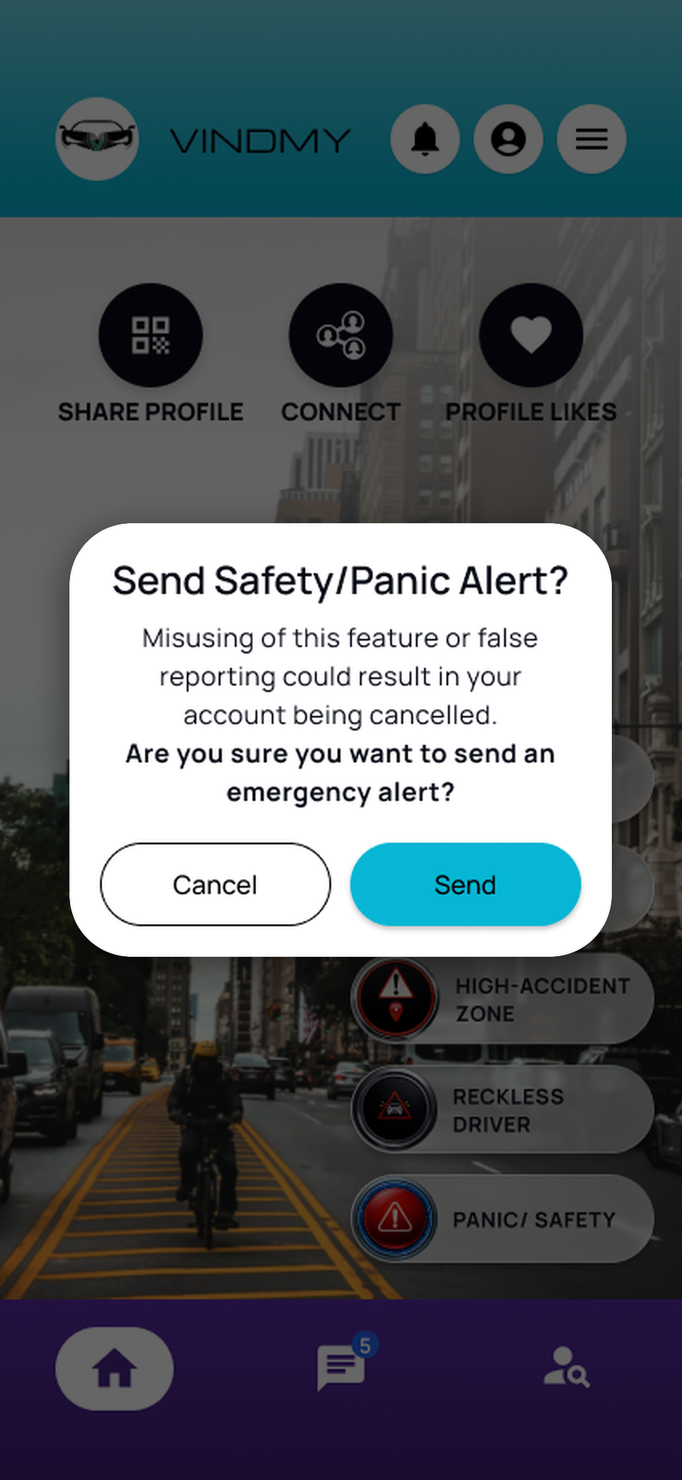 Vindmy panic alert confirmation modal over the dimmed Home screen, before sending a nearby alert