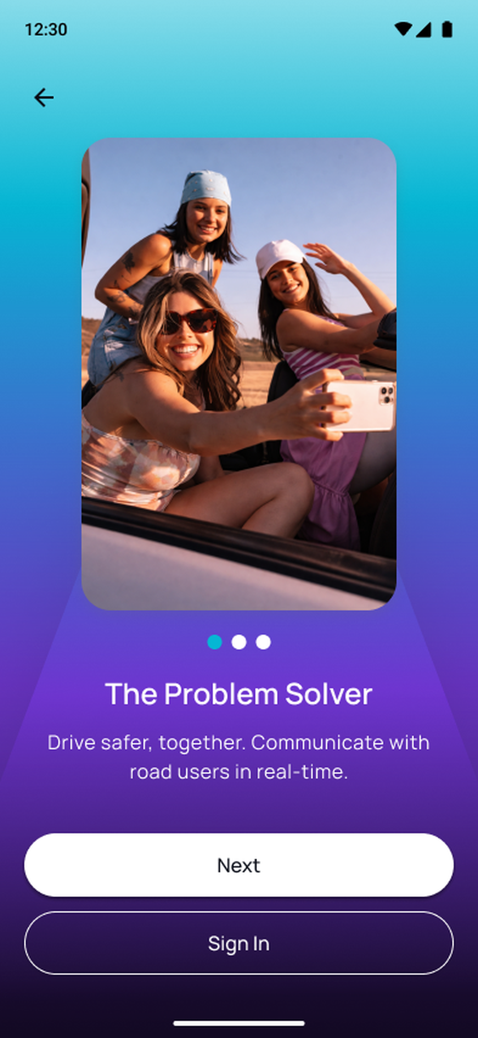 Vindmy onboarding screen introducing the app as a problem-solver for connection and awareness on the road