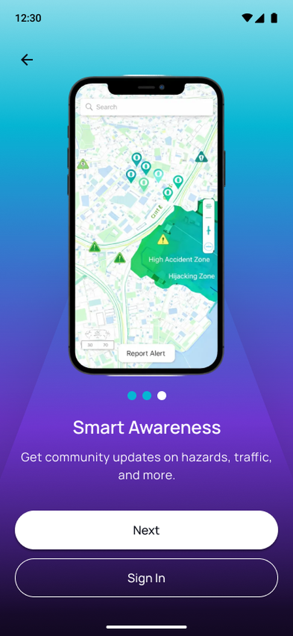 Vindmy awareness screen mapping community hazard zones such as high accident and hijacking areas, rather than individual user locations