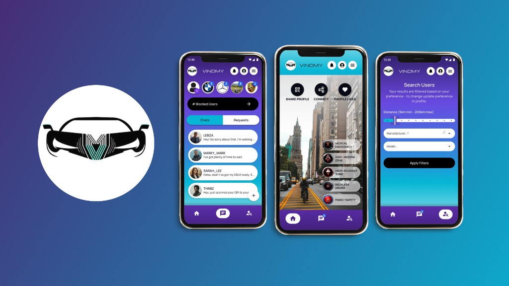 Vindmy app screens for chats, home safety alerts, and discovery filters beside the Vindmy logo