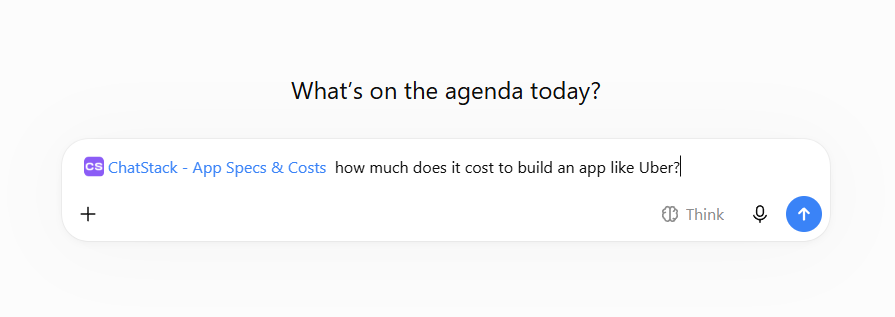 ChatGPT with the ChatStack plugin invoked, asking how much it costs to build an app like Uber