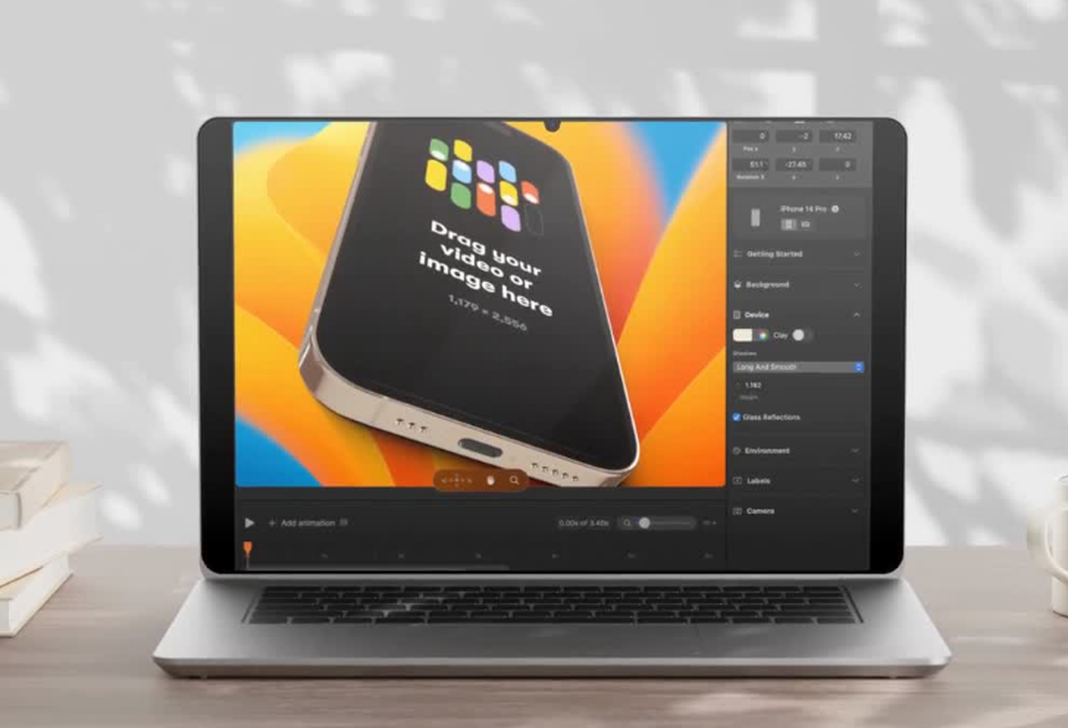 Laptop showing a phone mockup in video production software